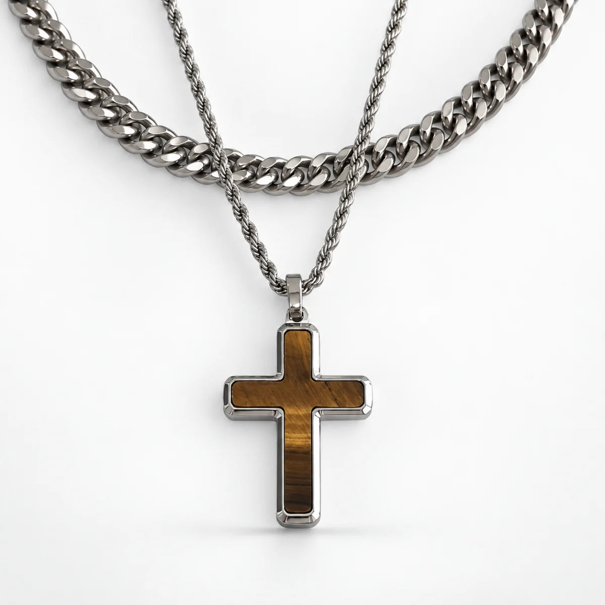 tiger eye cross necklace layered set white background