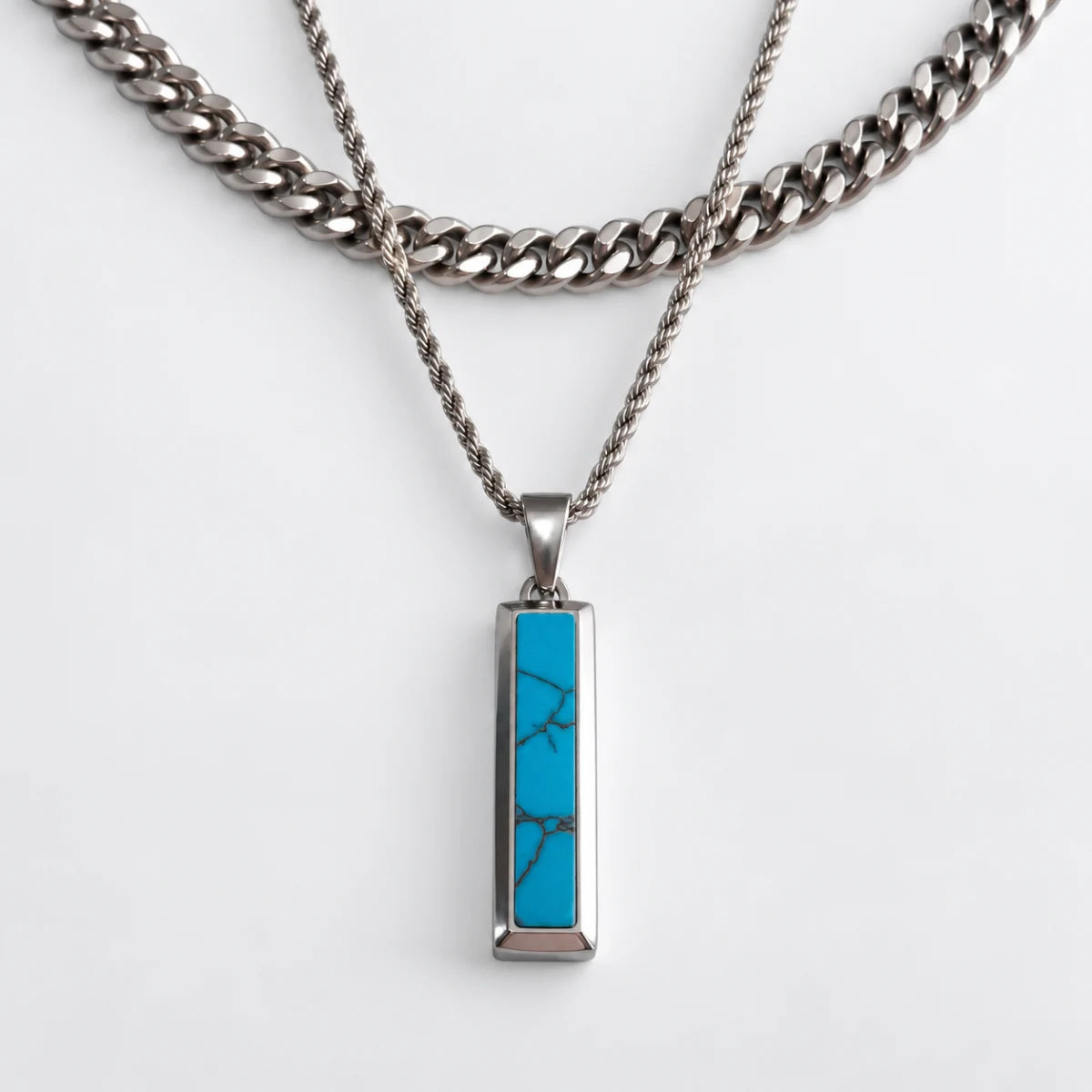 turquoise bar necklace layered set white background