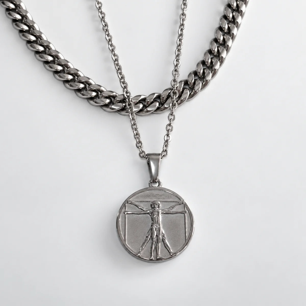 vitruvian man pendant necklace silver layered set white background