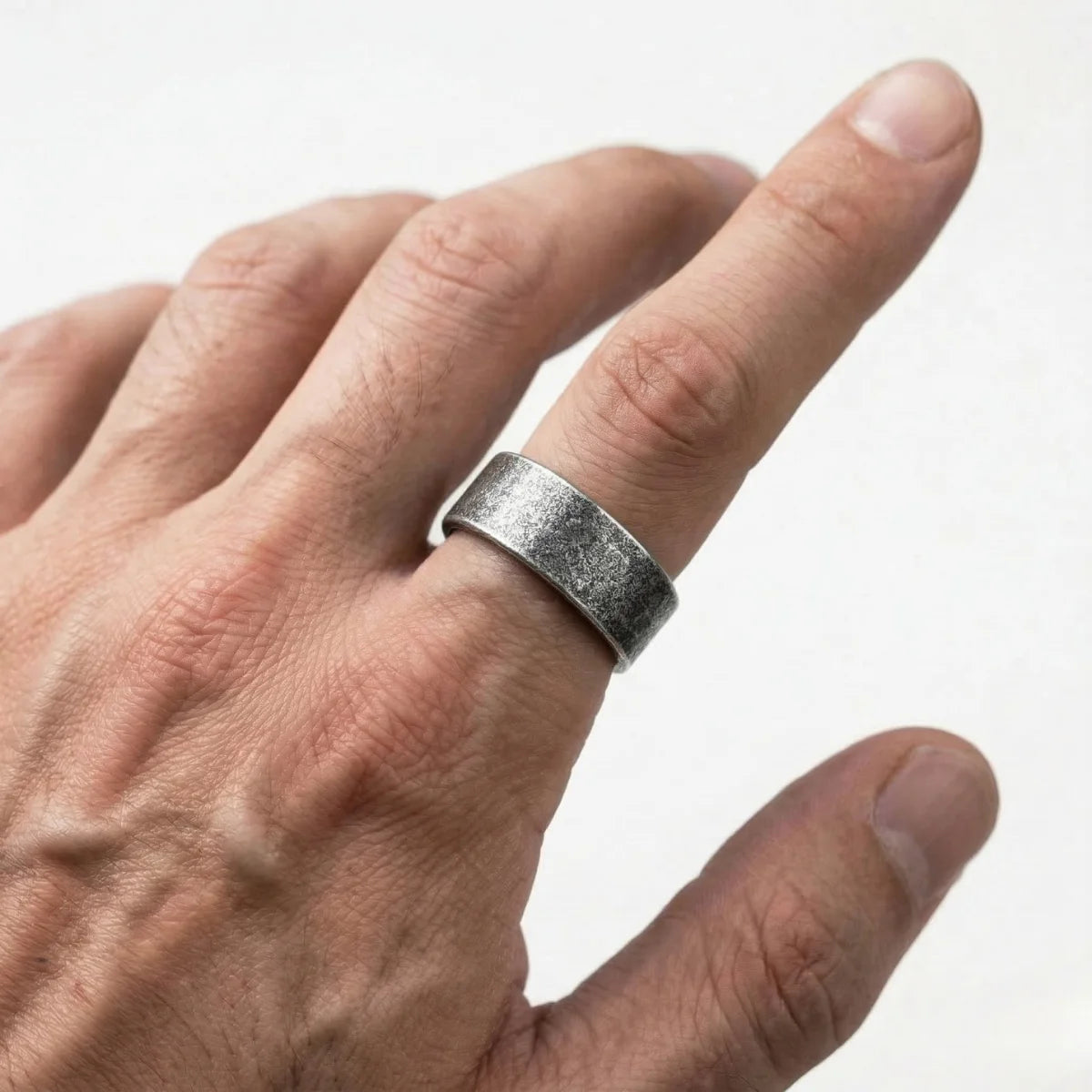 10mm Antique Silver Minimalist Wedding Band Worn by Male Model
