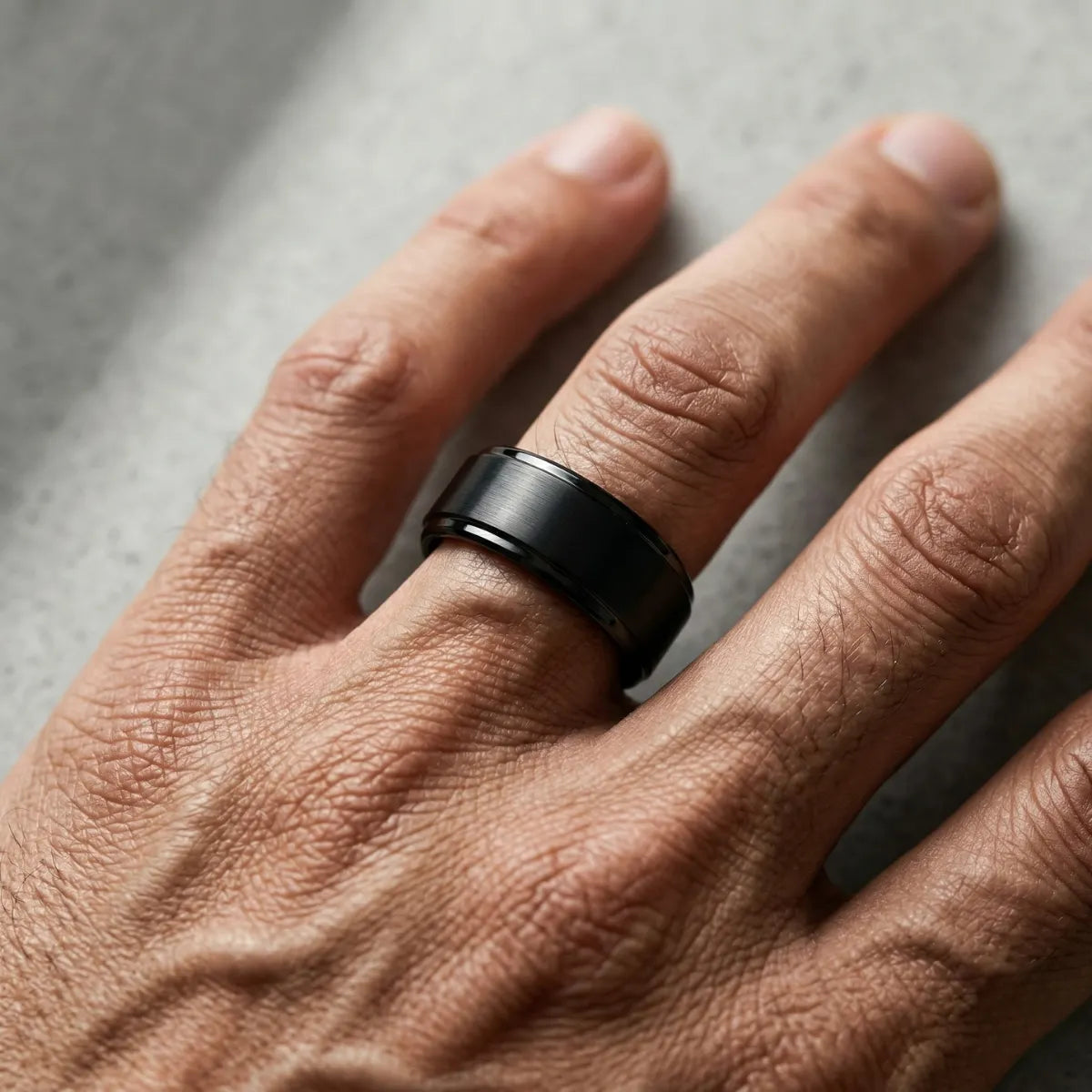 10mm Classic Black Tungsten Ring Worn by Male Model Close Up