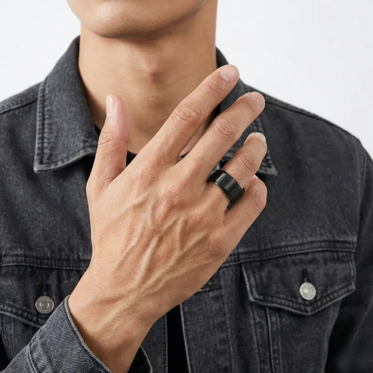 10mm Classic Black Tungsten Ring Worn by Male Model