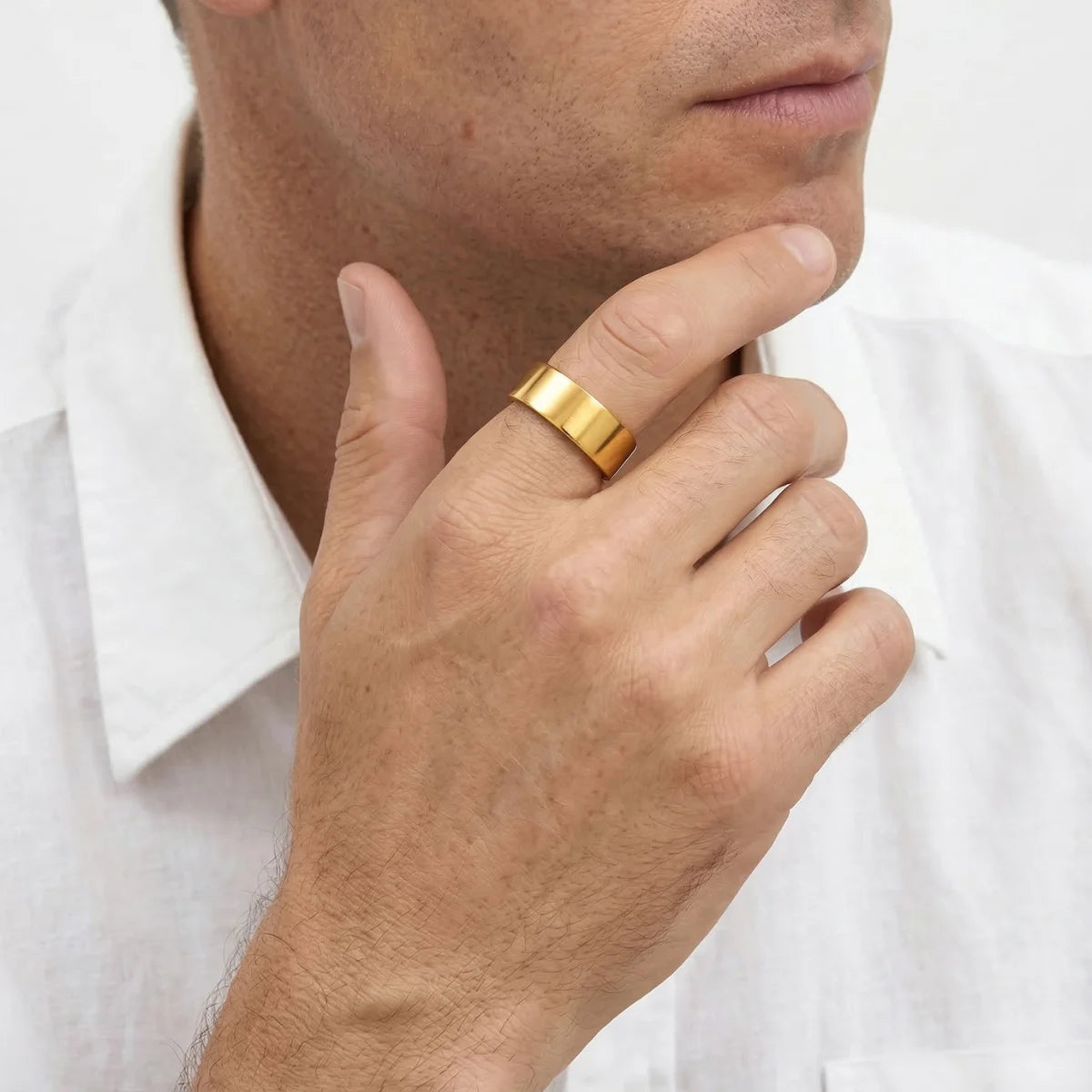 10mm Gold Minimalist Wedding Band Worn by Male Model