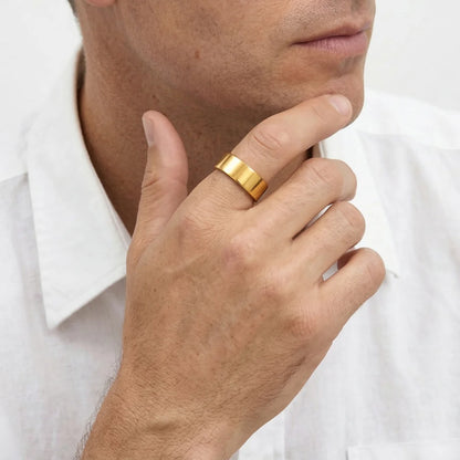 10mm Gold Minimalist Wedding Band Worn by Male Model