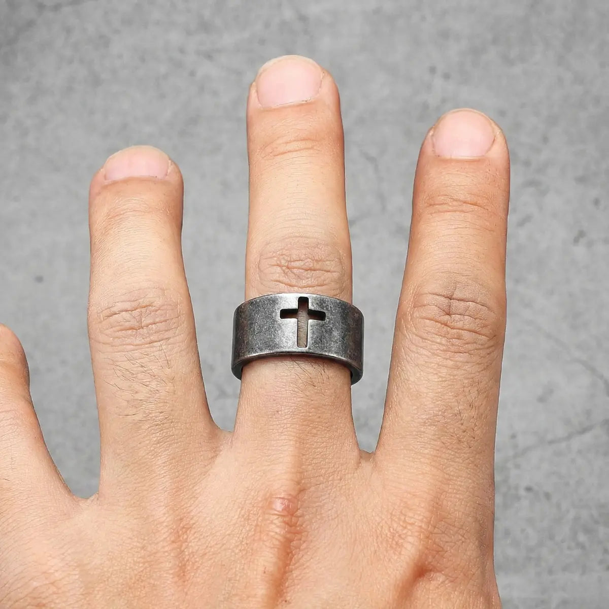 10mm Simple Cross Band Ring Worn by Male Model