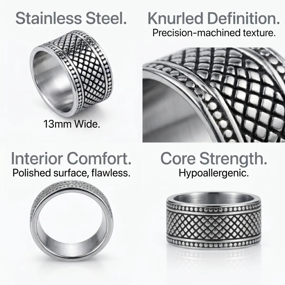 13mm Textured Band Ring Design Features Knurled Pattern 0.51 Inch Wide Hypoallergenic Statement Jewelry