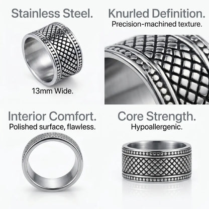 13mm Textured Band Ring Design Features Knurled Pattern 0.51 Inch Wide Hypoallergenic Statement Jewelry