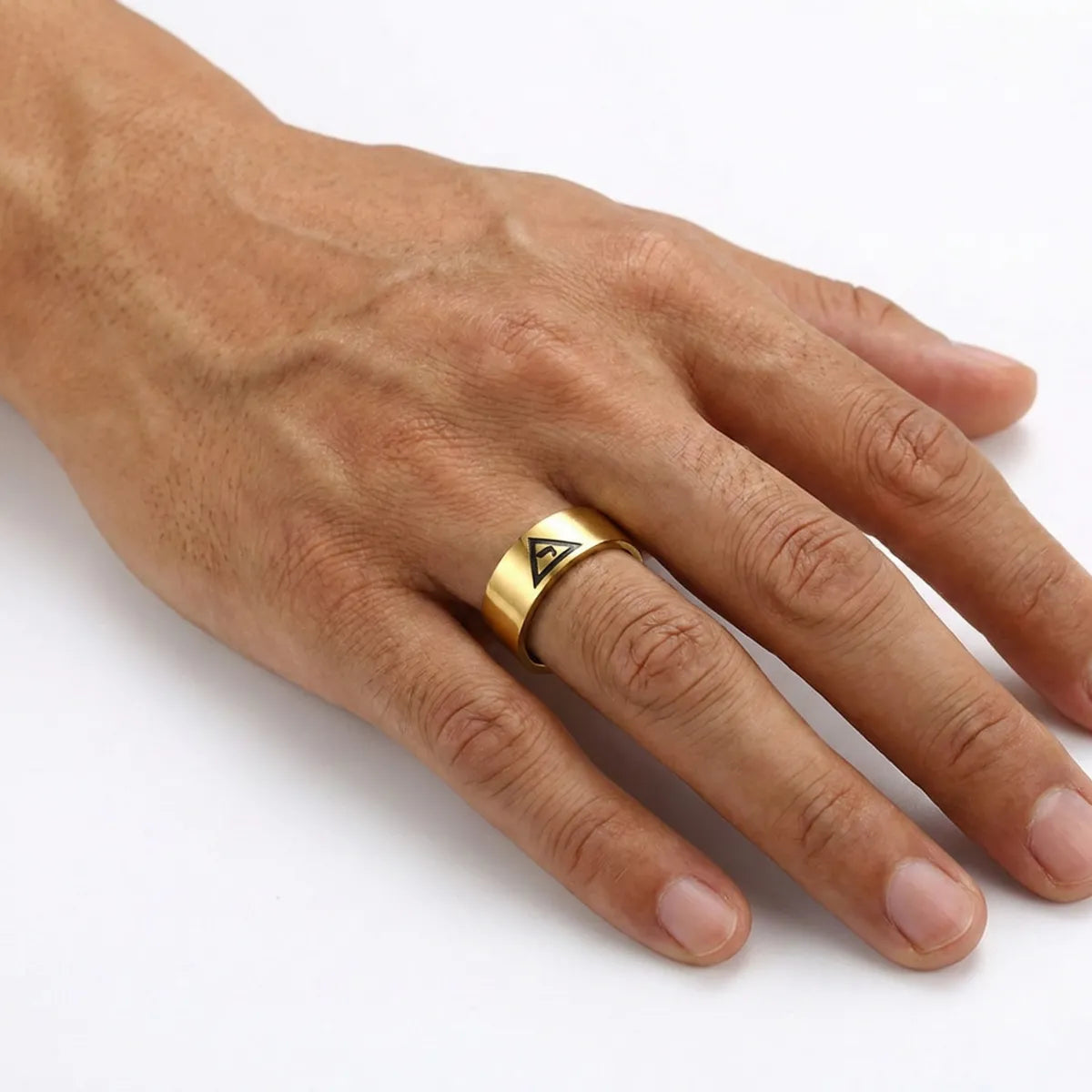 14th Degree Masonic Ring 8mm Gold Worn by Male Model Close Up