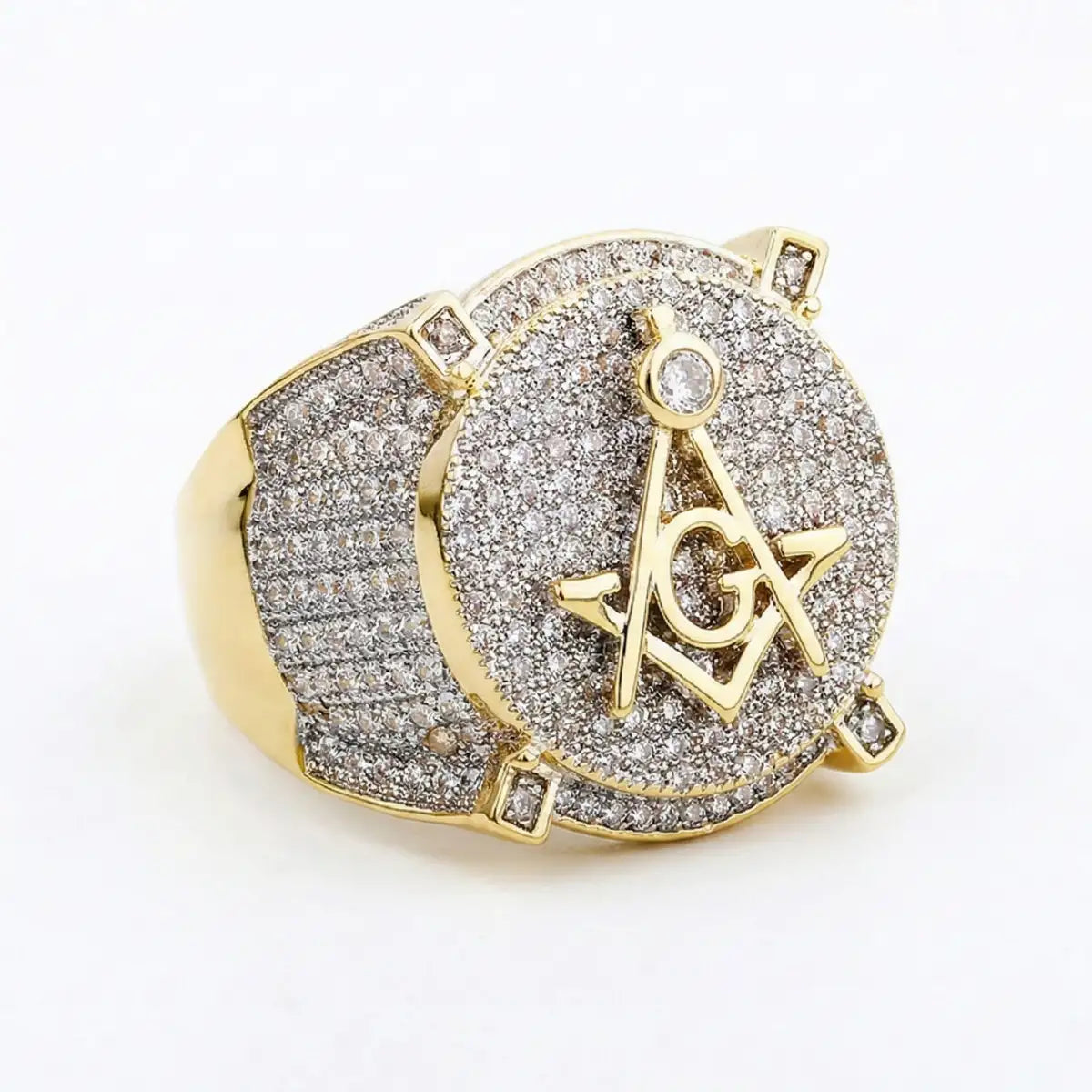 18K Gold Plated Iced Out Masonic Ring Details