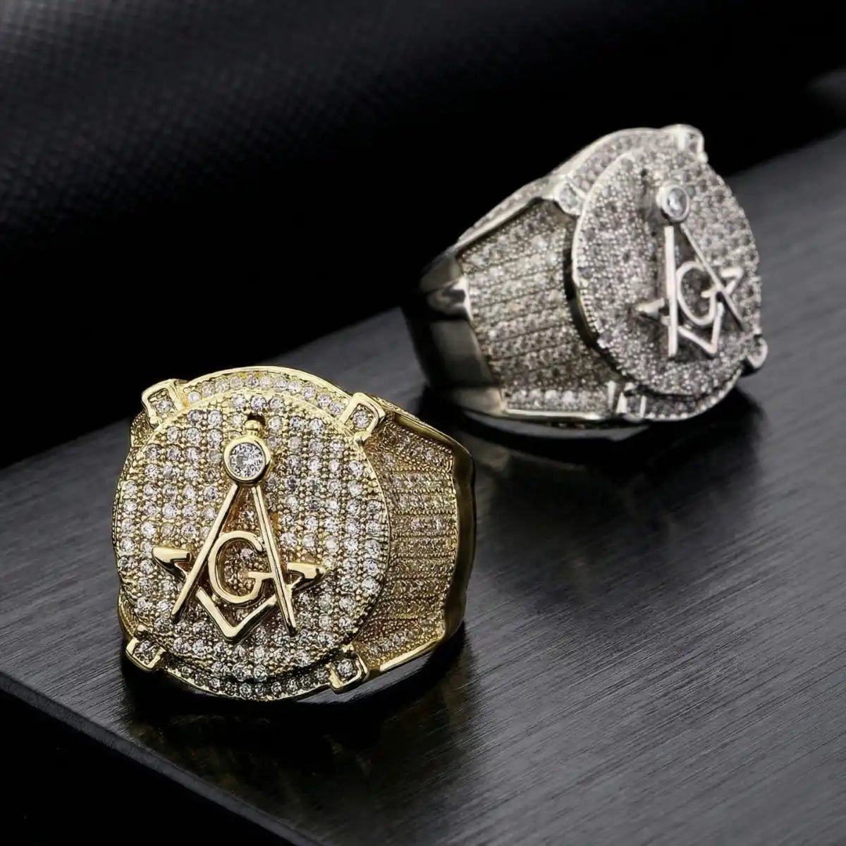 18K Gold Plated Iced Out Masonic Ring and White Gold Plated Iced Out Masonic Ring Details