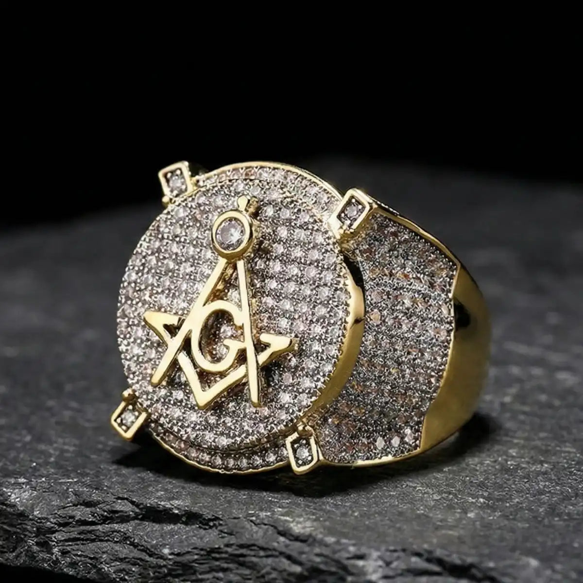 18K Gold Plated Iced Out Masonic Ring