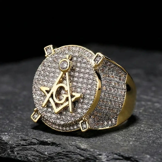 18K Gold Plated Iced Out Masonic Ring