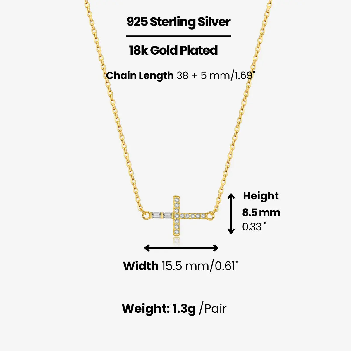 18K Gold Plated Sideways Cross Necklace Dimensions and Weight