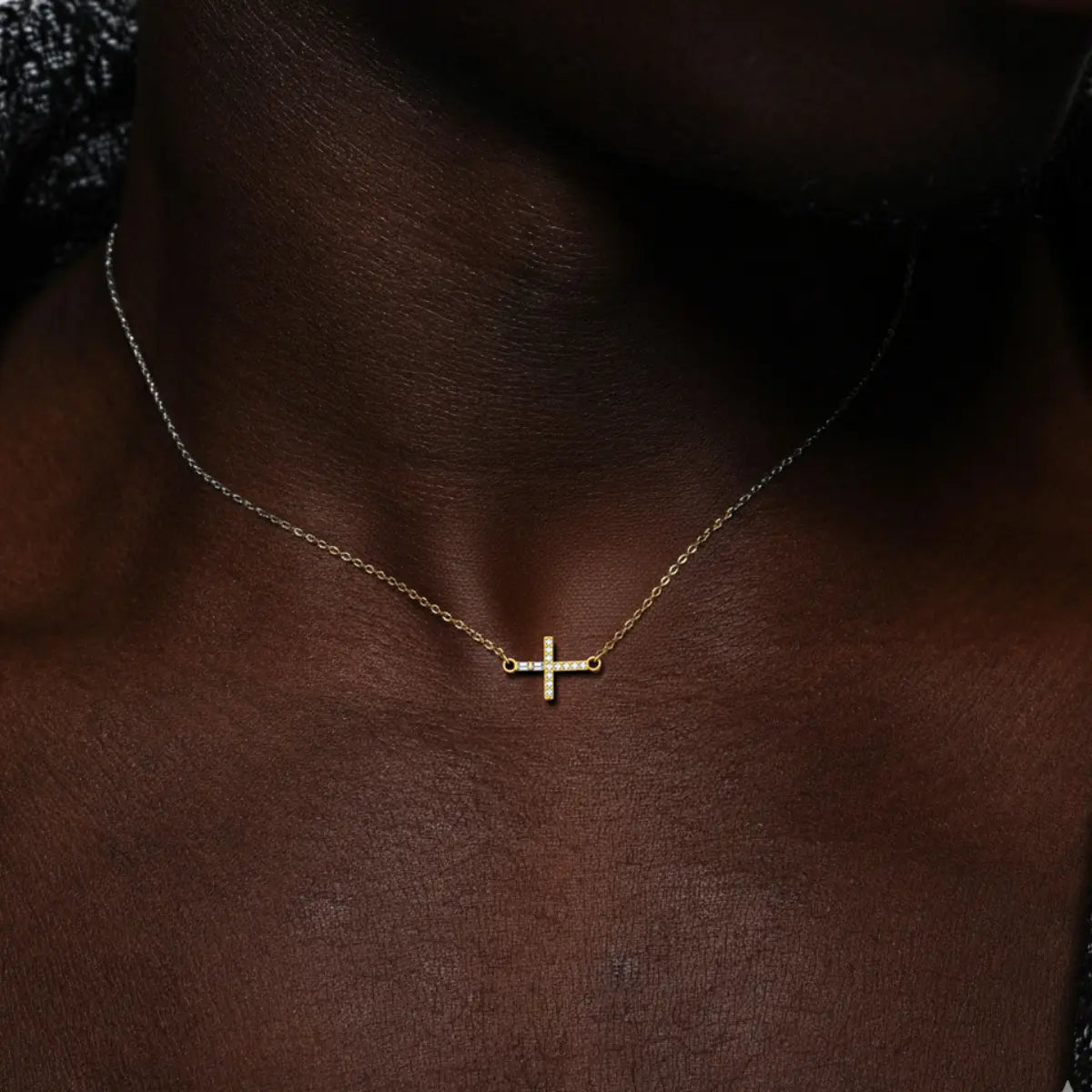 18K Gold Plated Sideways Cross Necklace Worn by Male Model