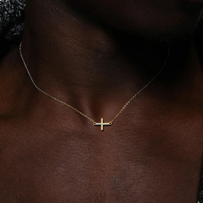 18K Gold Plated Sideways Cross Necklace Worn by Male Model
