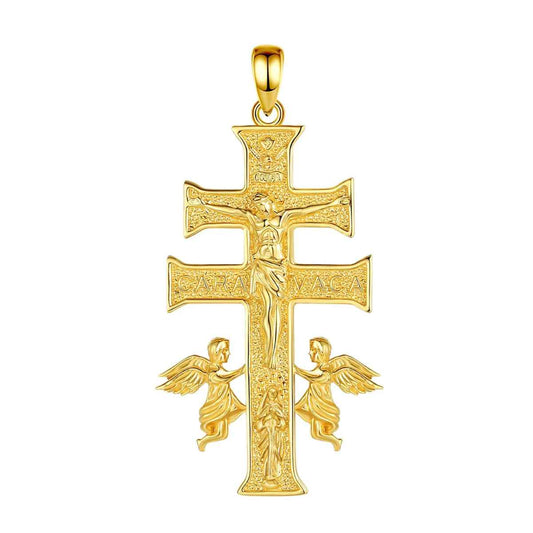 18K Gold Plated Silver Caravaca Cross Necklace with Angel and Mary Pendant Only Xenos Jewelry