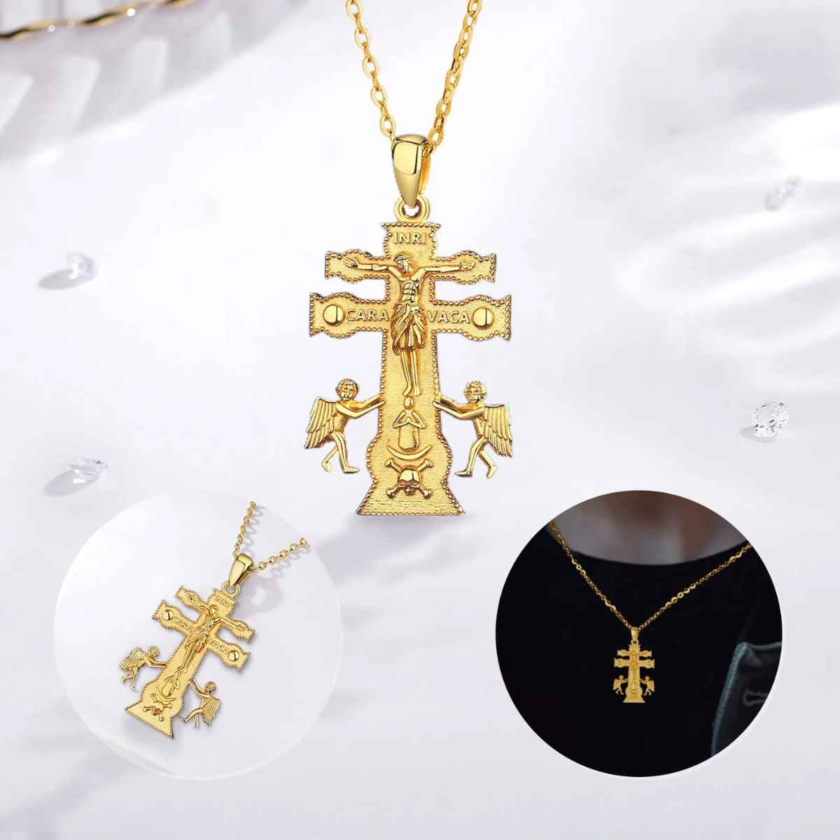 18K Gold Plated Silver Caravaca Cross Necklace with Crescent and Skull Details Xenos Jewelry