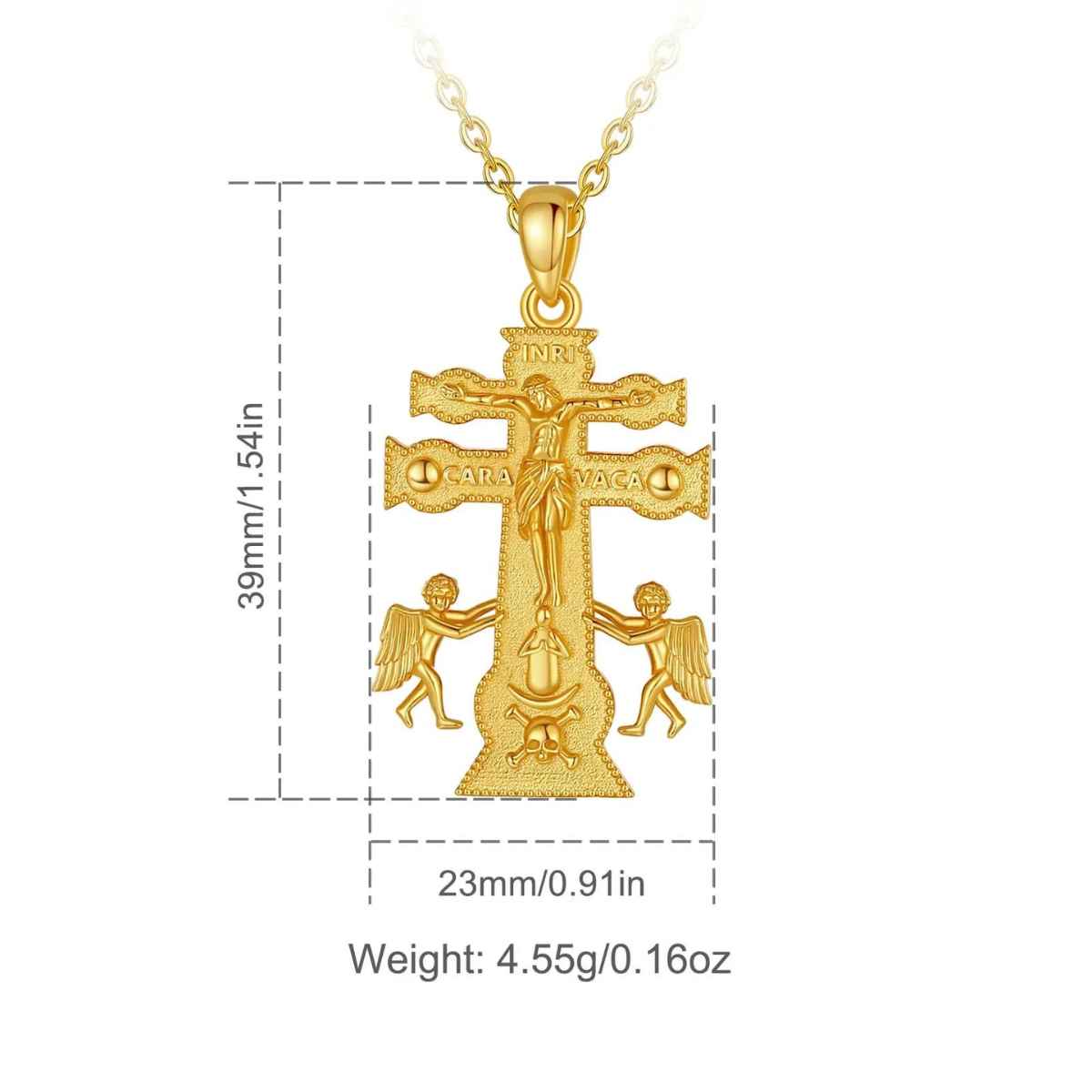 18K Gold Plated Silver Caravaca Cross Necklace with Crescent and Skull Dimensions and Weight Xenos Jewelry