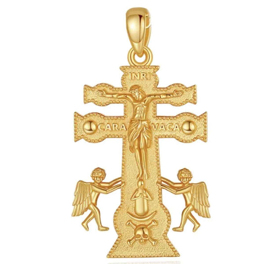 18K Gold Plated Silver Caravaca Cross Necklace with Crescent and Skull Pendant Only Xenos Jewelry