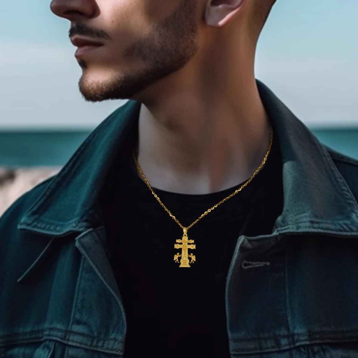 18K Gold Plated Silver Caravaca Cross Necklace with Crescent and Skull Worn by Model Xenos Jewelry