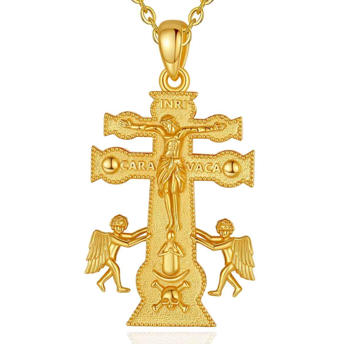 18K Gold Plated Silver Caravaca Cross Necklace with Crescent and Skull with 18inch Chain Xenos Jewelry