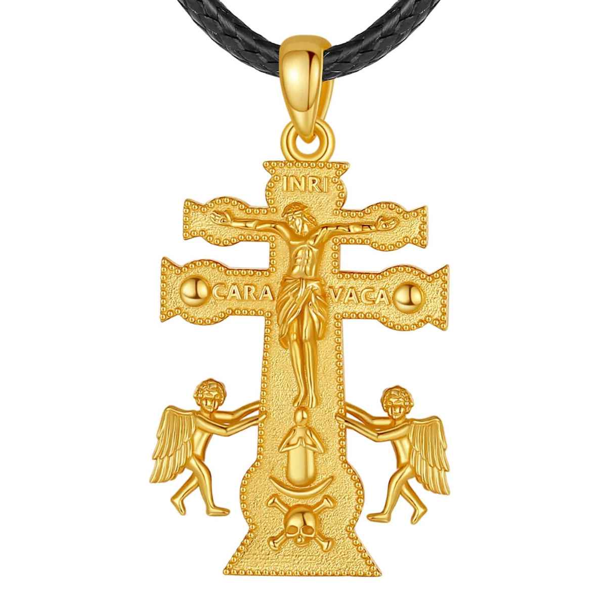 18K Gold Plated Silver Caravaca Cross Necklace with Crescent and Skull with 24inch Rope Xenos Jewelry