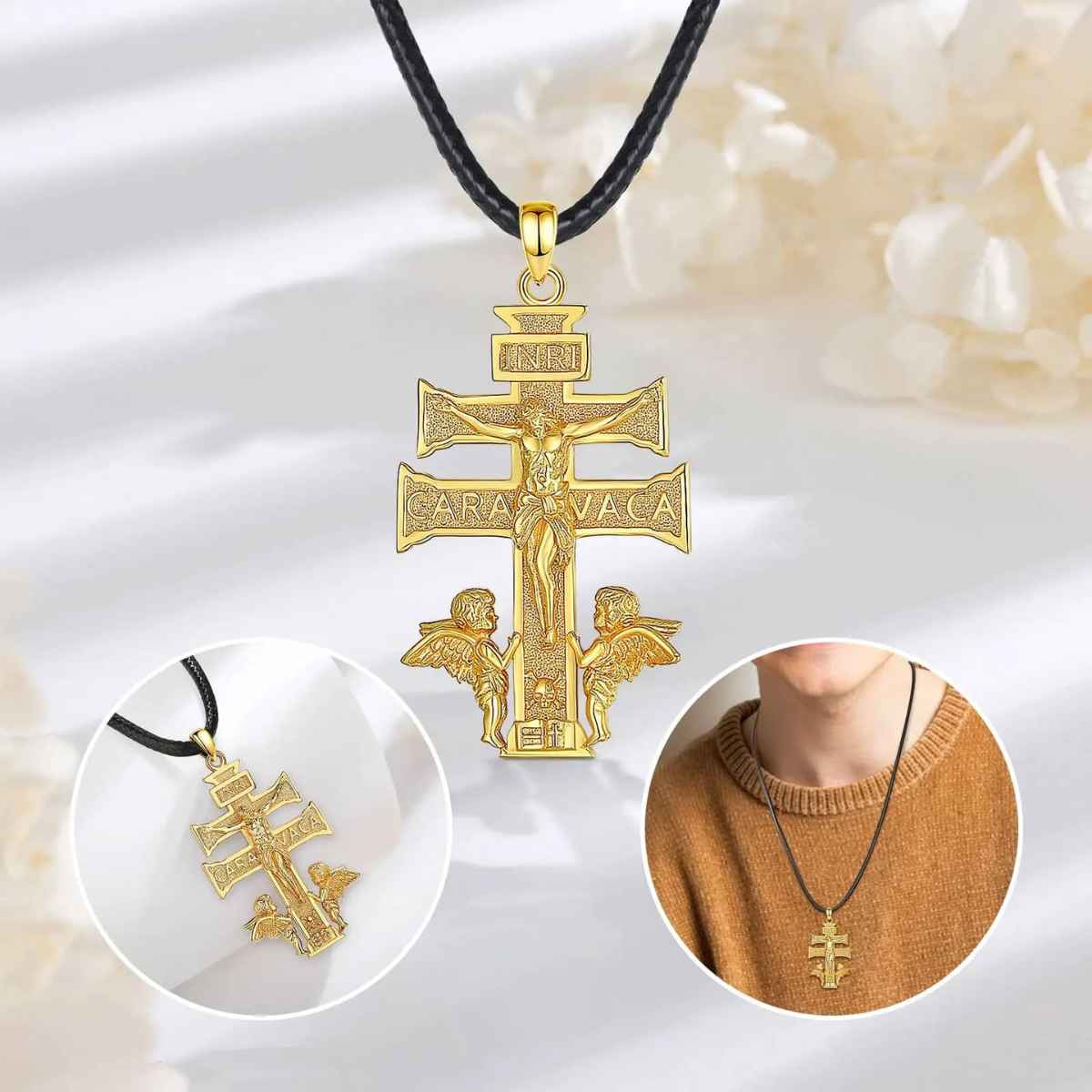 18K Gold Plated Silver Caravaca Cross Necklace with INRI Details Xenos Jewelry