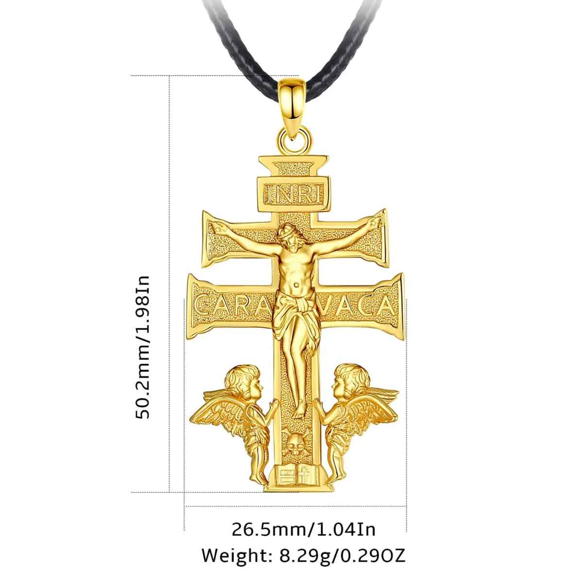 18K Gold Plated Silver Caravaca Cross Necklace with INRI Dimensions and Weight Xenos Jewelry