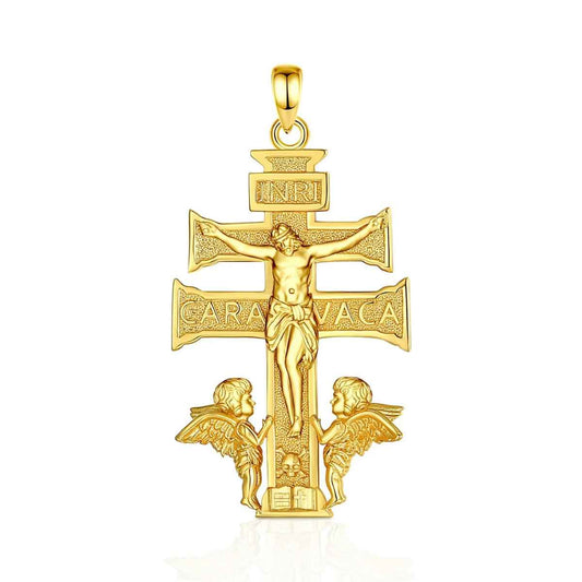 18K Gold Plated Silver Caravaca Cross Necklace with INRI Pendant Only Xenos Jewelry