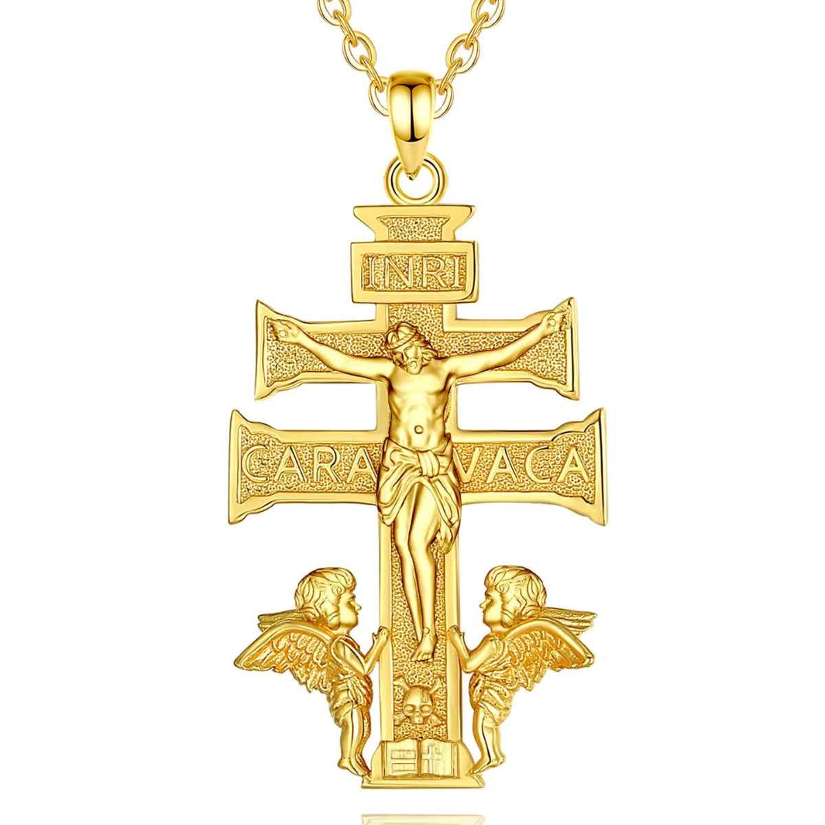 18K Gold Plated Silver Caravaca Cross Necklace with INRI with 18inch Chain Xenos Jewelry