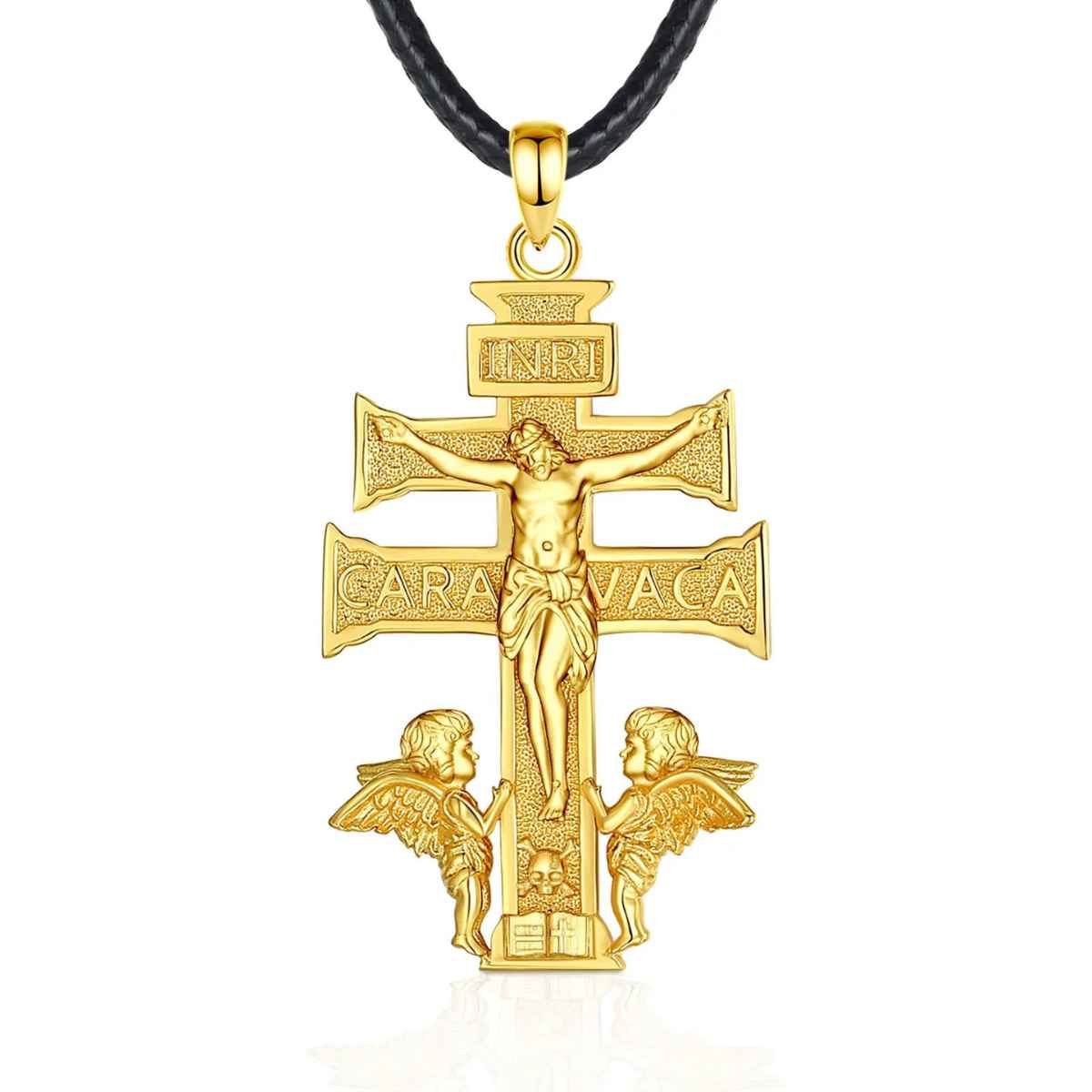 18K Gold Plated Silver Caravaca Cross Necklace with INRI with 24inch Rope Xenos Jewelry