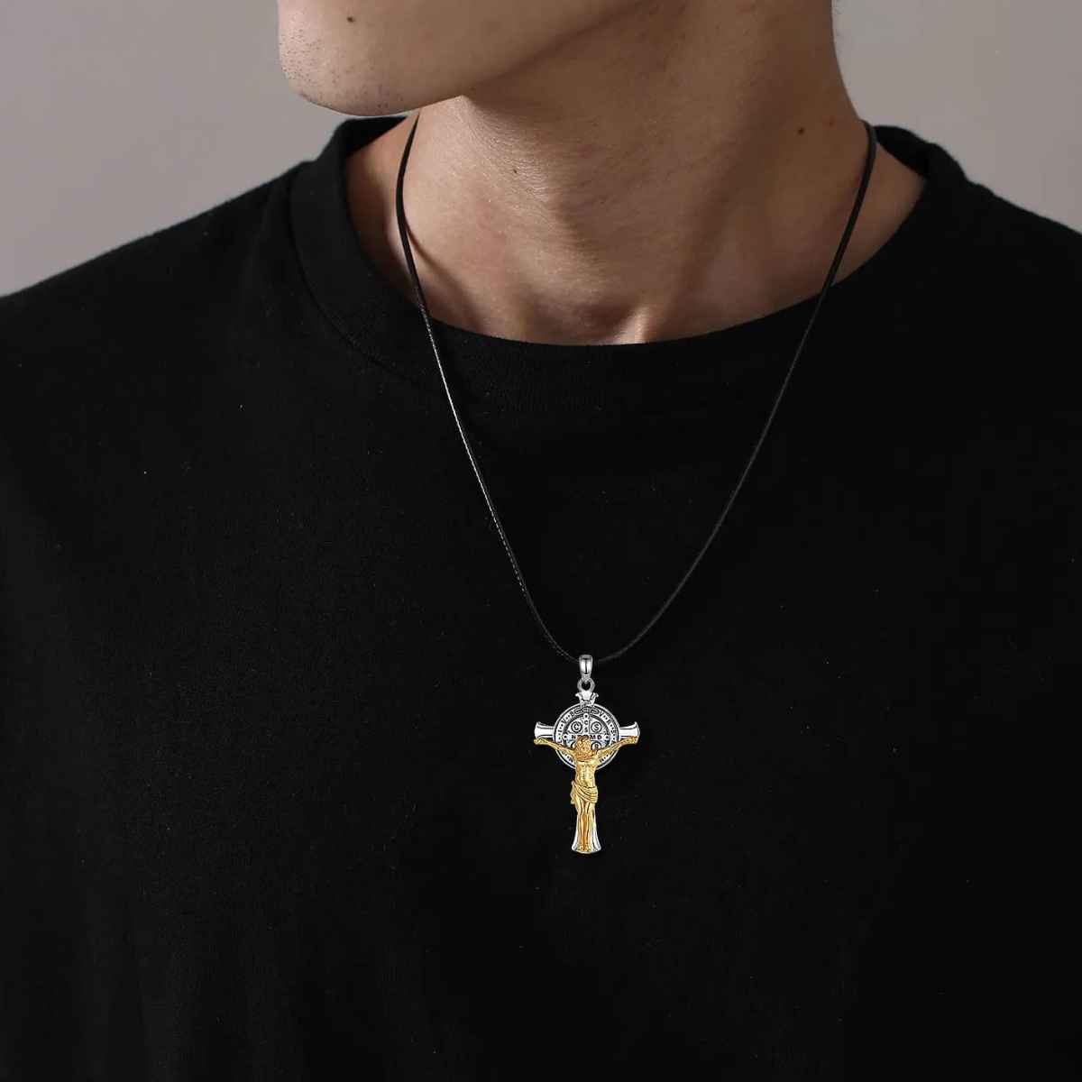 18K Gold Plated Silver St Benedict Crucifix Necklace Worn by Model Xenos Jewelry