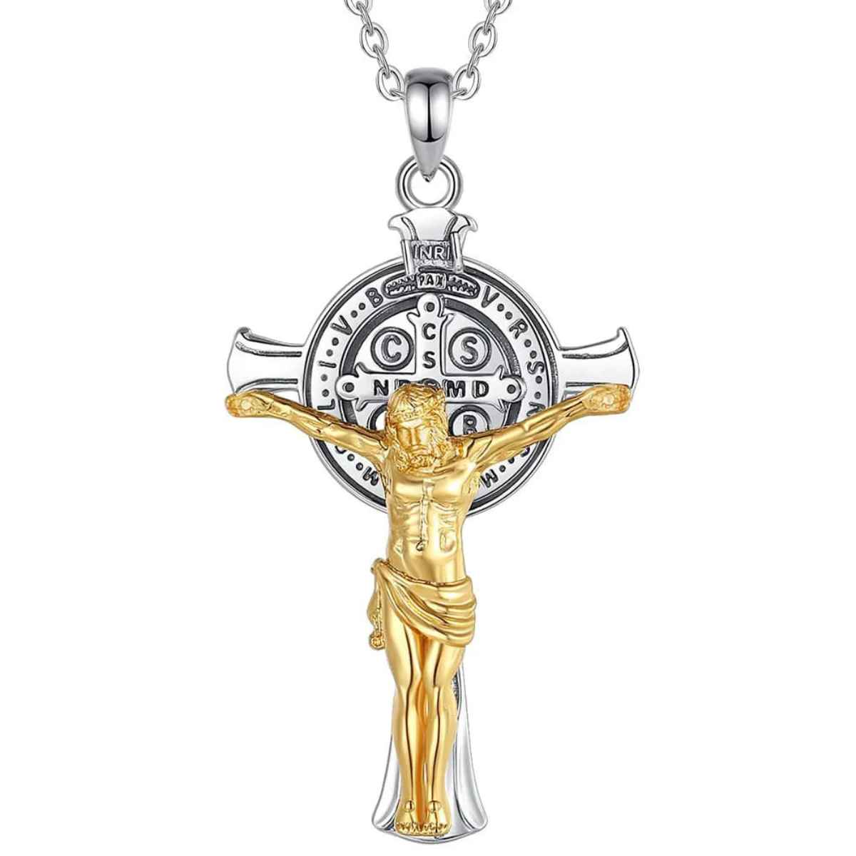 18K Gold Plated Silver St Benedict Crucifix Necklace with 18inch Chain Xenos Jewelry