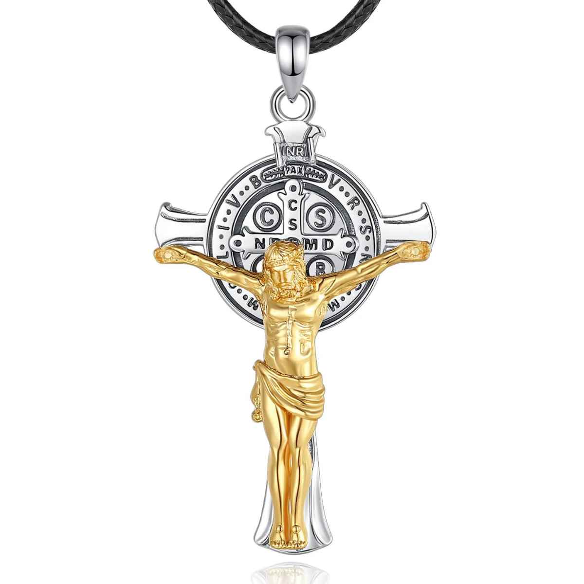 18K Gold Plated Silver St Benedict Crucifix Necklace with 24inch Rope Xenos Jewelry