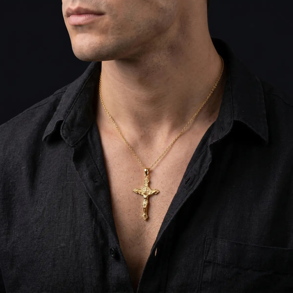 18K Gold Plated Silver St Benedict Crucifix Necklace with INRI Worn by Man Model