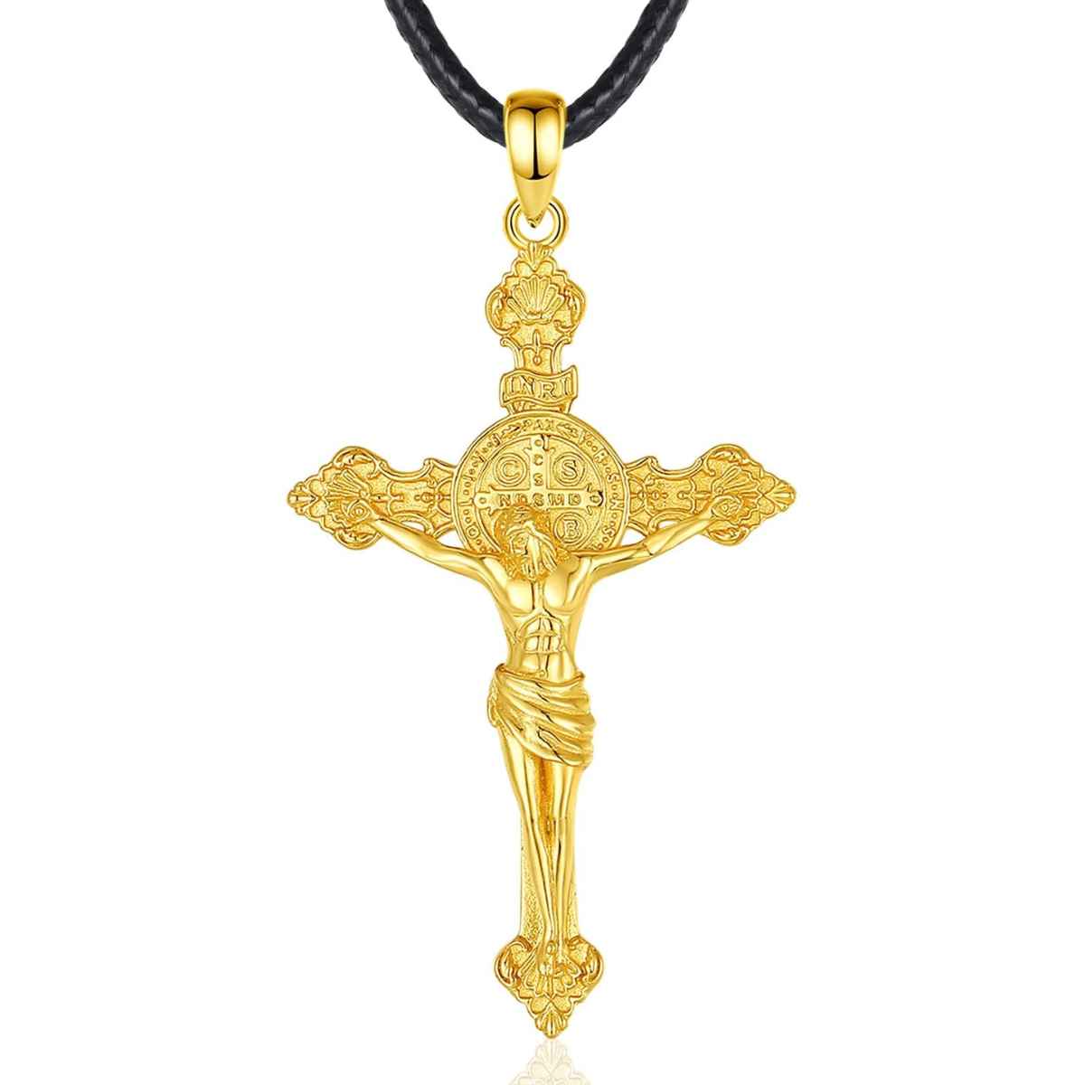 18K Gold Plated Silver St Benedict Crucifix Necklace with INRI with 24inch Rope Xenos Jewelry