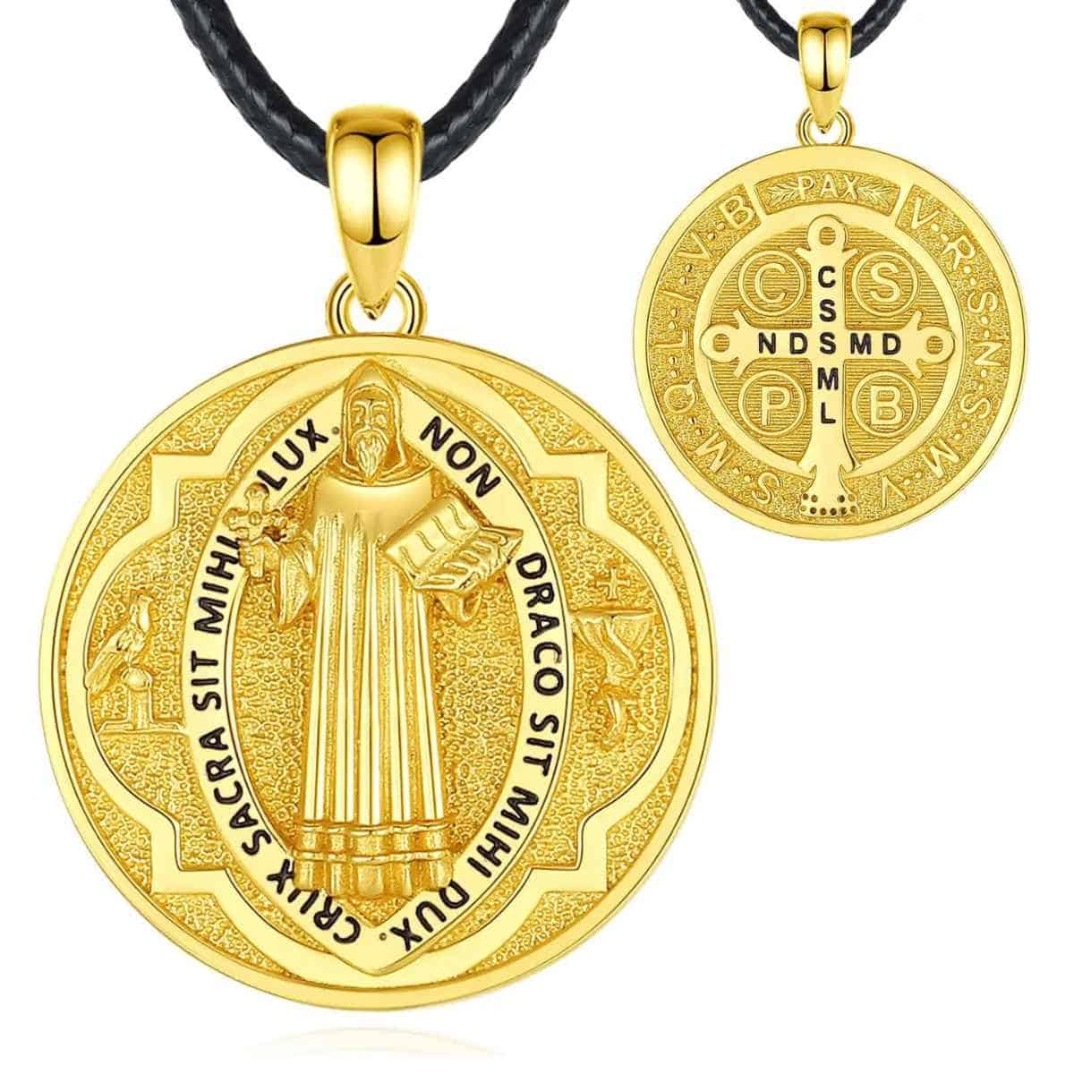 18K Gold Plated Silver St Benedict Medal with 24 inch Rope Xenos Jewelry