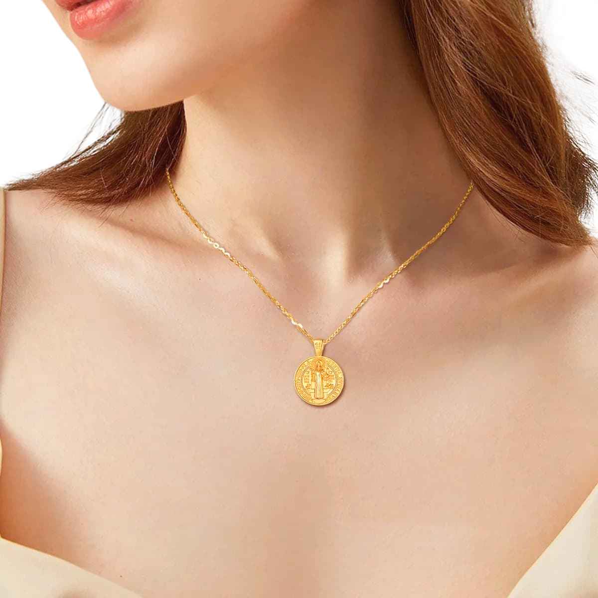 18K Gold Plated Silver St Benedict Necklace Medallion Worn by Model Xenos Jewelry