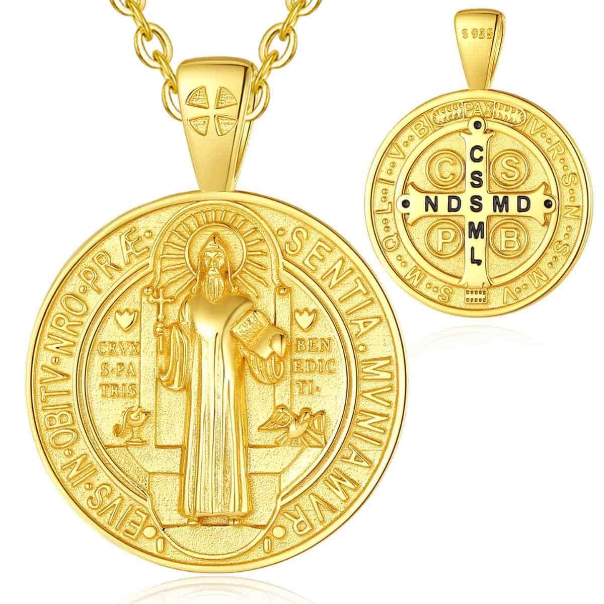 18K Gold Plated Silver St Benedict Necklace Medallion with 18 inch Chain Xenos Jewelry