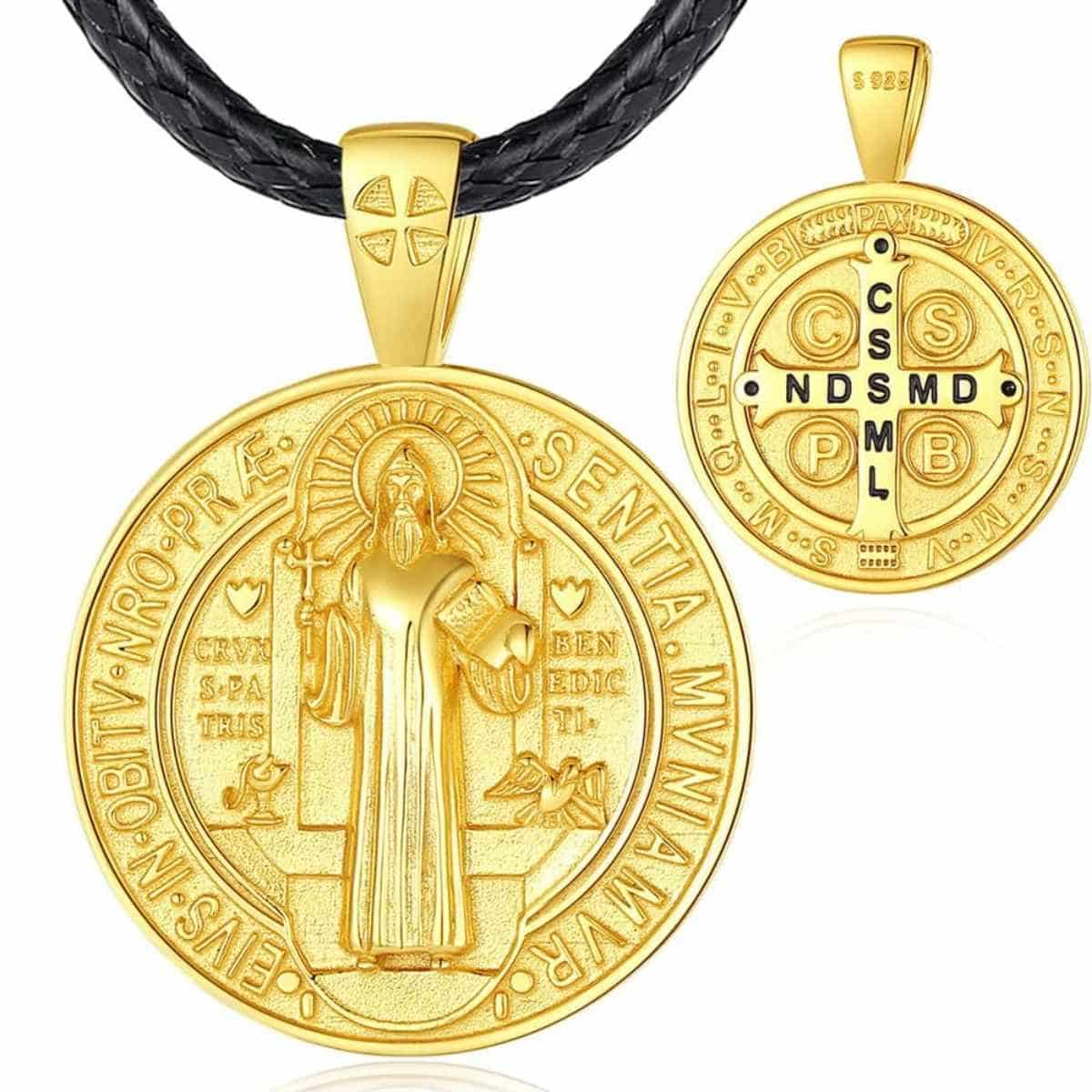 18K Gold Plated Silver St Benedict Necklace Medallion with 24 inch Rope Xenos Jewelry