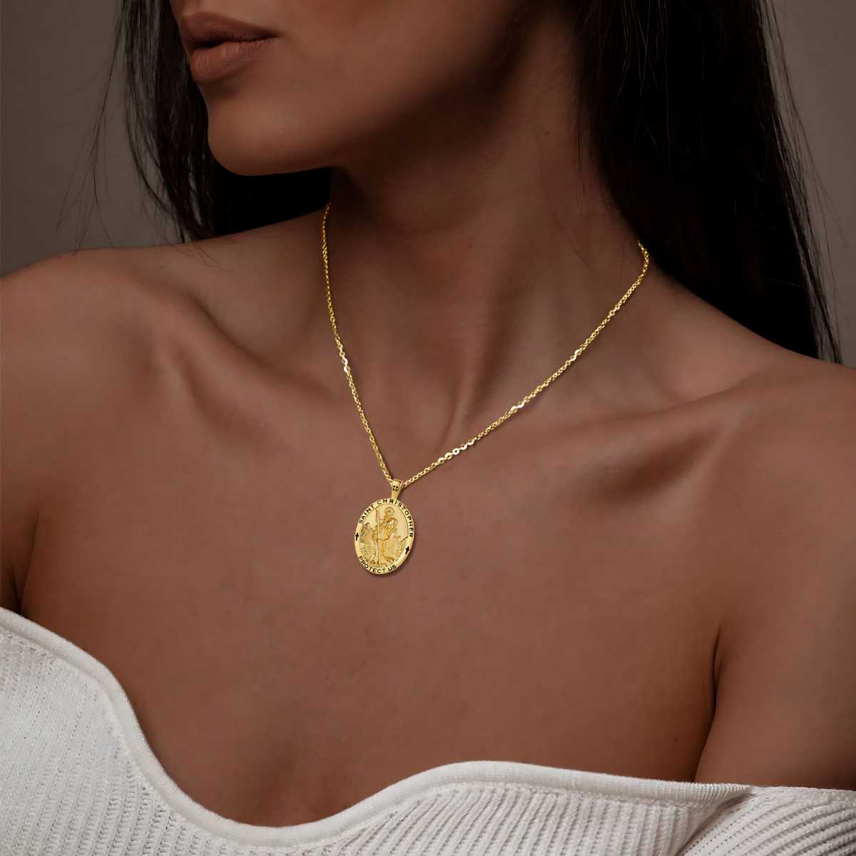 18K Gold Plated Silver St Christopher Necklace Worn by Model Xenos Jewelry