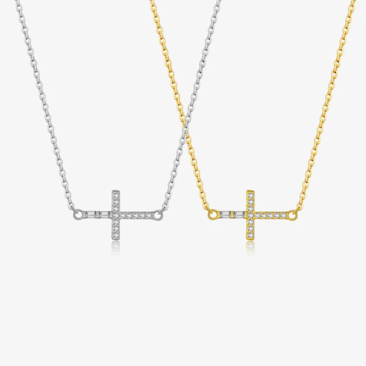 18K Gold and White Gold Sideways Cross Necklace Close Up
