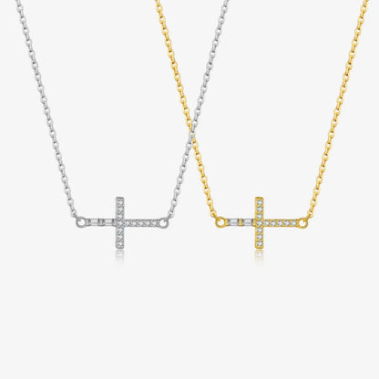 18K Gold and White Gold Sideways Cross Necklace Close Up