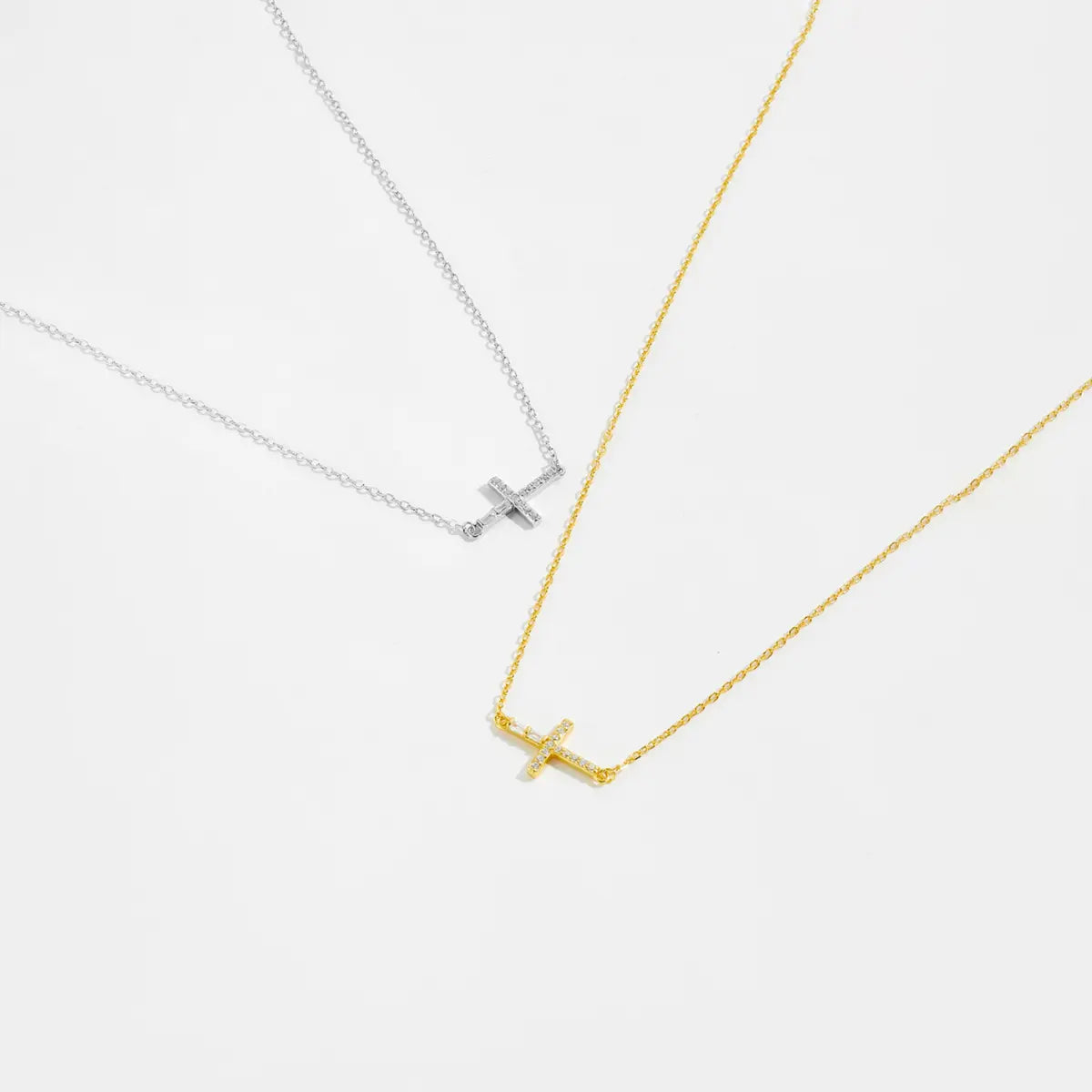 18K Gold and White Gold Sideways Cross Necklace