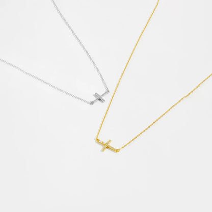 18K Gold and White Gold Sideways Cross Necklace