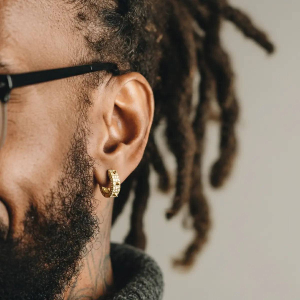 18k Gold Plated Iced Spikelet Hoop Earrings Worn by Male Model Front