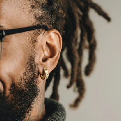 18k Gold Plated Iced Spikelet Hoop Earrings Worn by Male Model Front