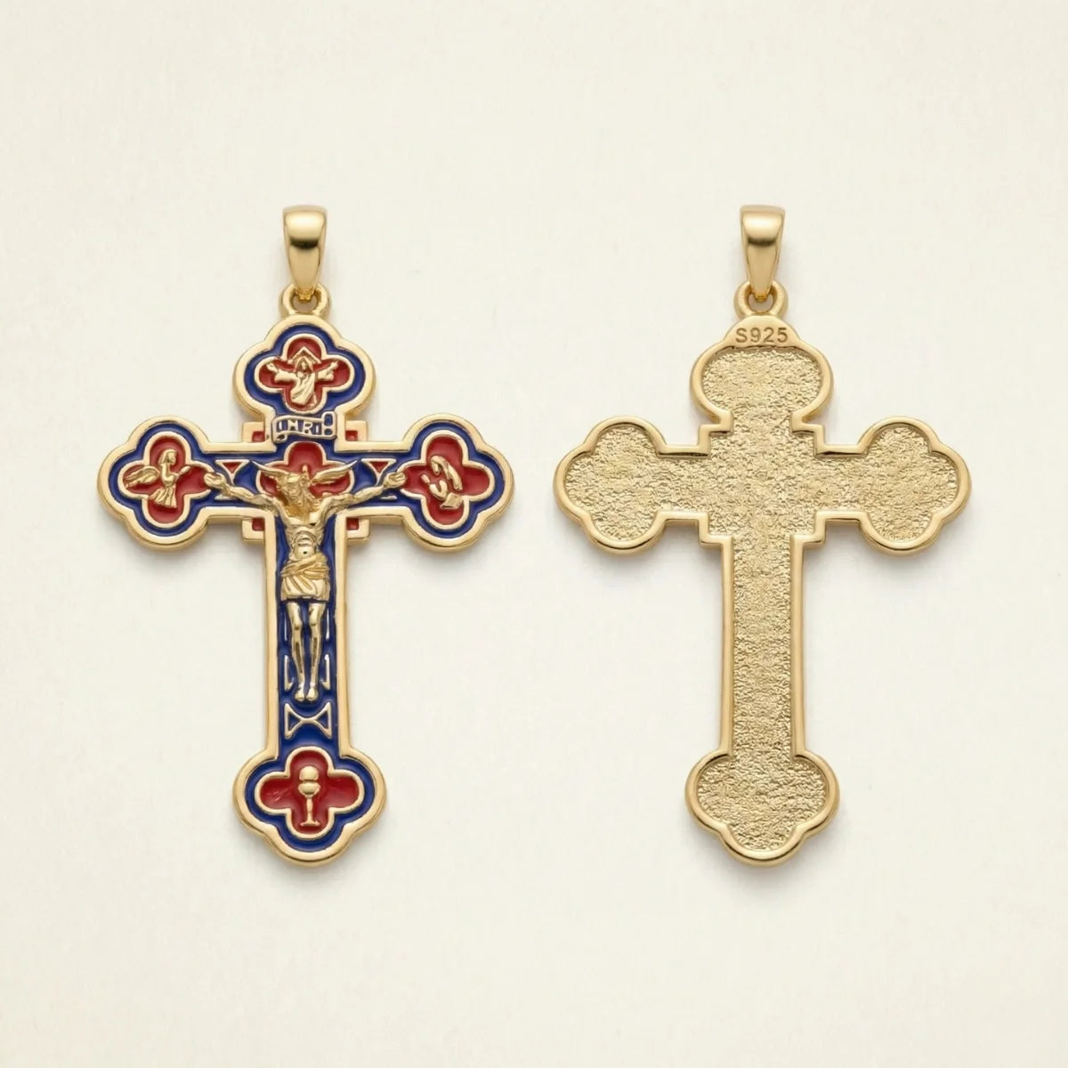 18k Gold Plated Silver Budded Cross Crucifix Front and Back Side