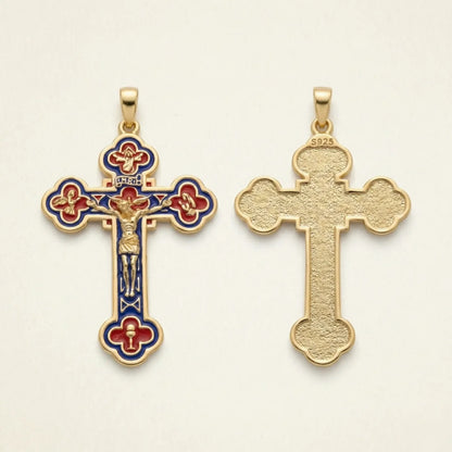 18k Gold Plated Silver Budded Cross Crucifix Front and Back Side