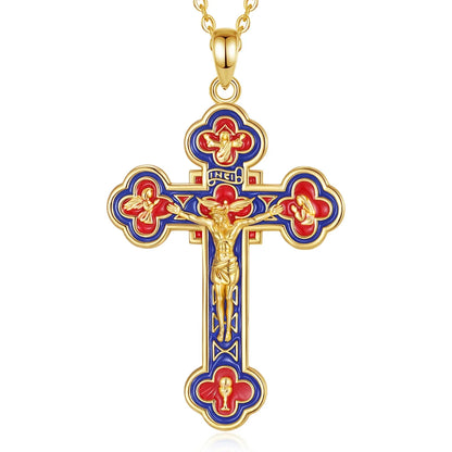 18k Gold Plated Silver Budded Cross Crucifix Pendant with 18inch Chain